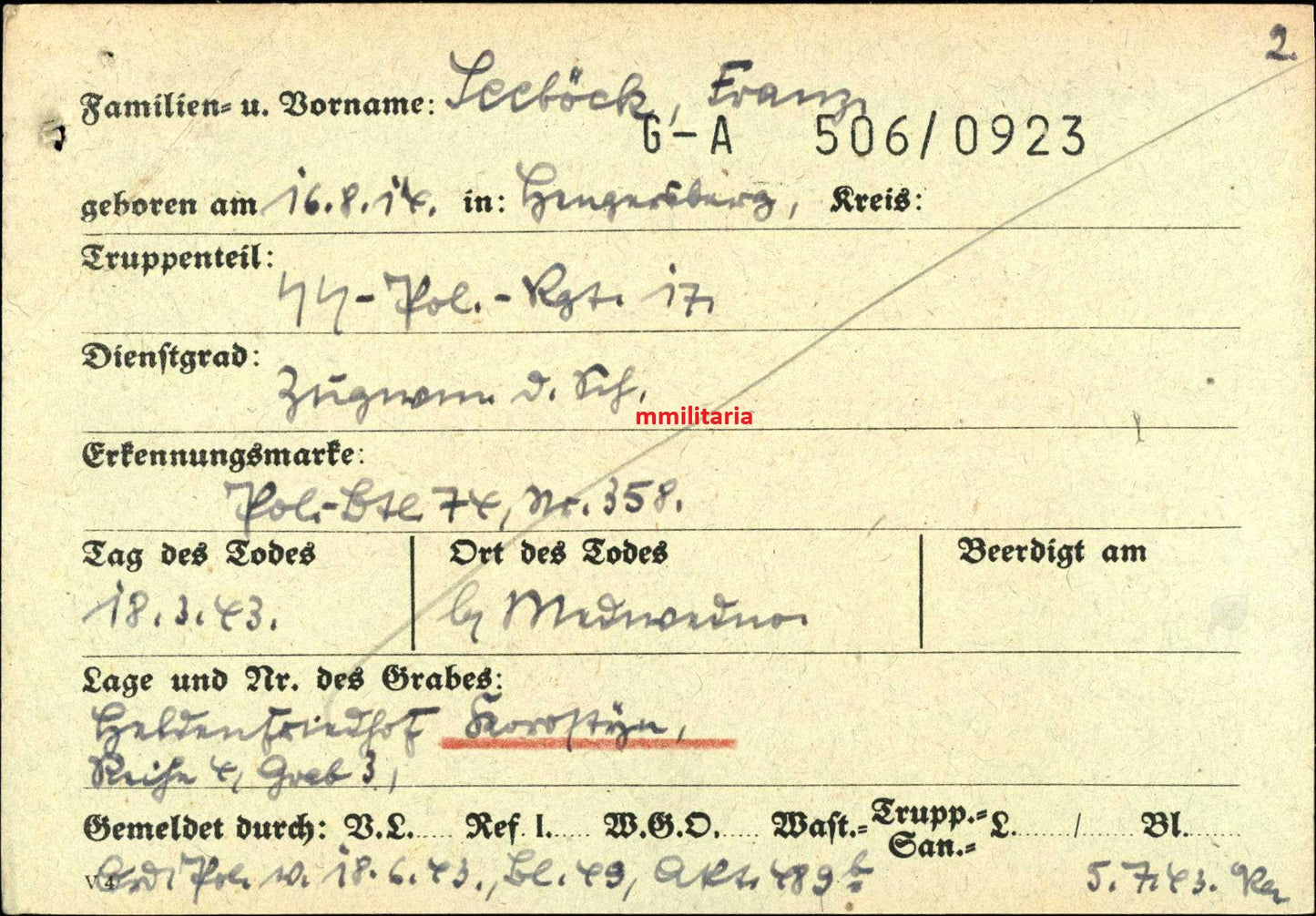Sterbebild Brüder Hengersberg Stabsgefreiter Art. Regt. Talmaza Moldawien Oberwachtmeister SS-Polizei Regt. 17 Ilmensee