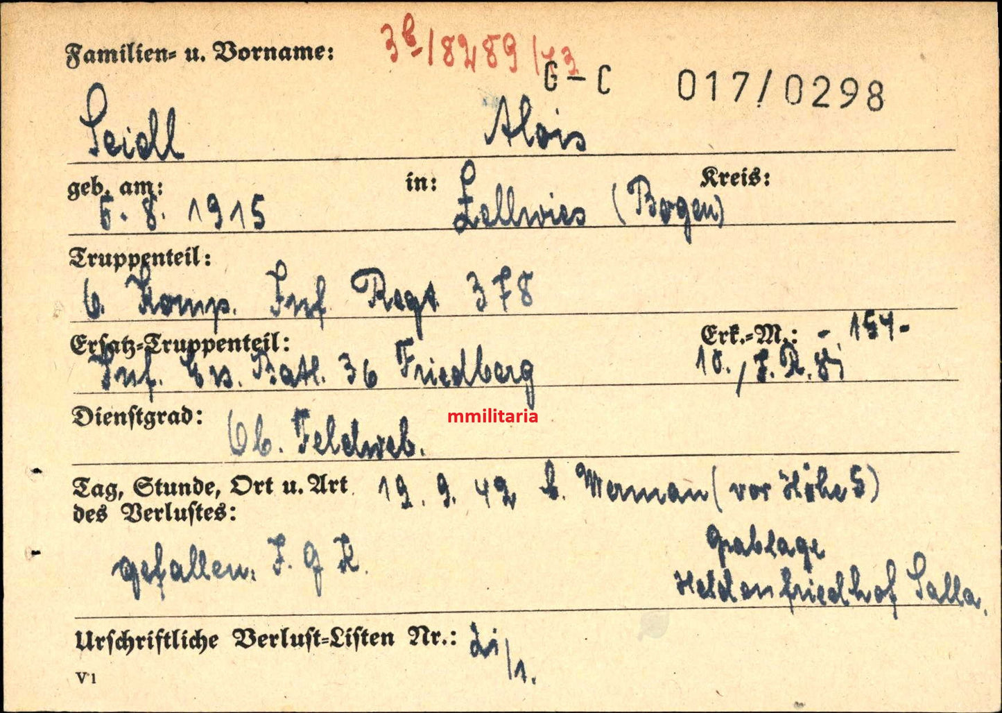 Sterbebild Oberfeldwebel Zellwies 6. Komp. Inf. Regt. 378 DKiG Am Werman (vor Höhe 5) Finnland Russland - www.mmilitaria.com