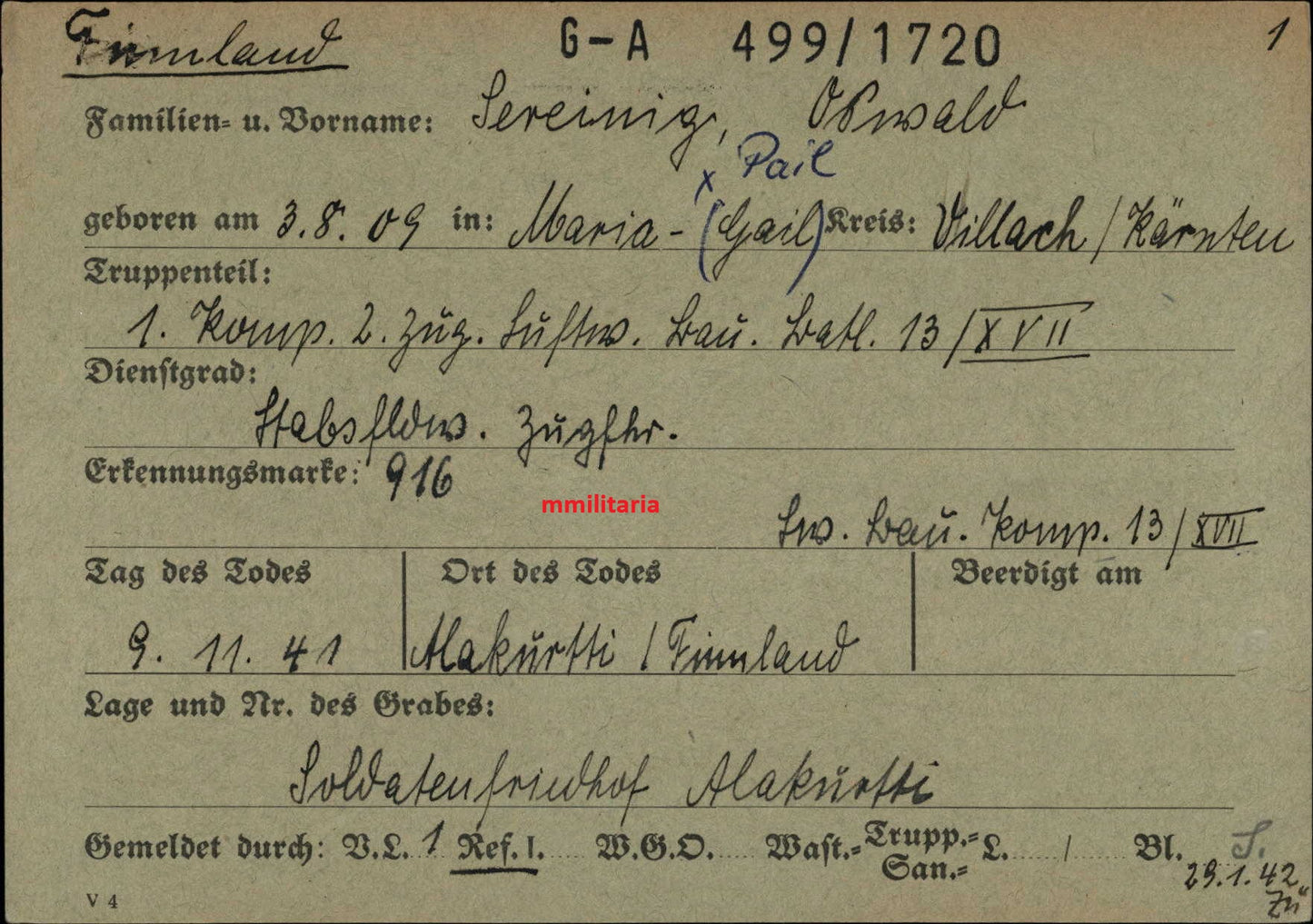 Sterbebild Stabsfeldwebel Villach 1. Komp. LW-Bau Btl. 13/XVII Alakurtti Finnland Russland