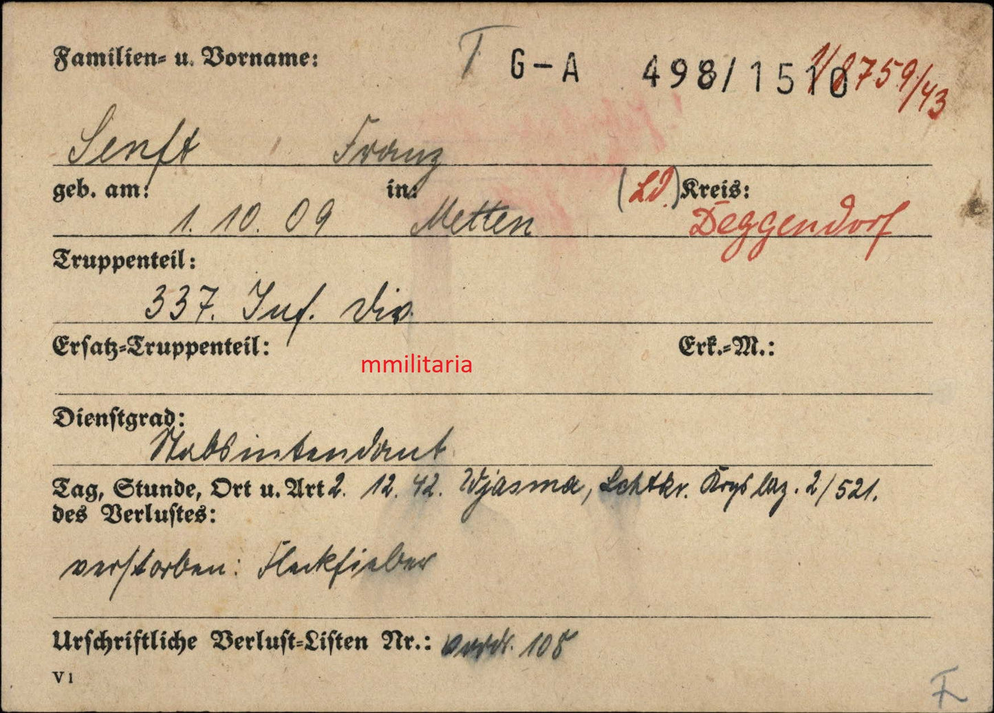 Sterbebild Stabsintendant Metten 337. Inf. Division Wjasma Duchowschtschina Russland