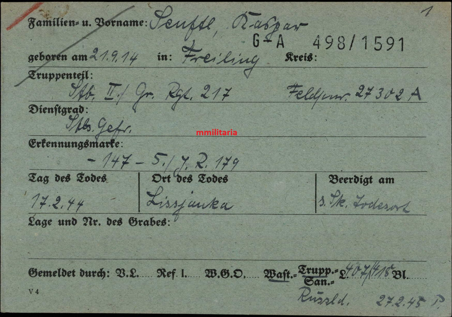 Sterbebild Stabsgefreiter Freiling Stab II/Gren. Regt. 217 Tscherkassy Russland