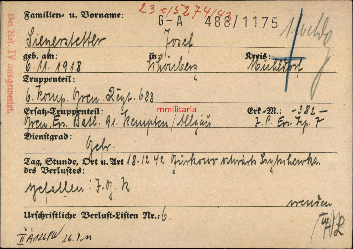Sterbebild Gefreiter Schönberg 6. Komp. Gren. Regt. 688 Ssytschewka Russland