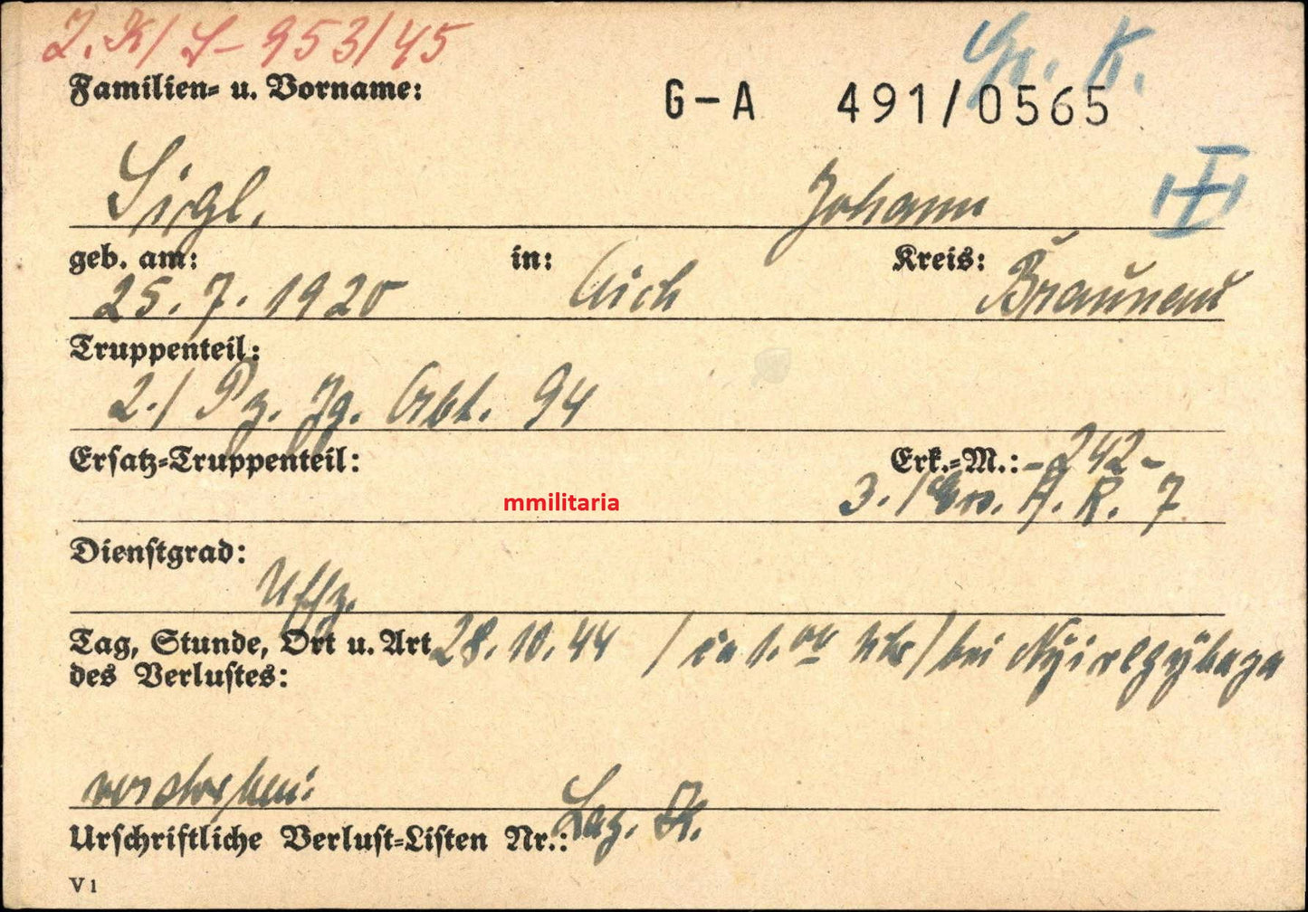 Sterbebild Unteroffizier Aich 2. Panzerjäger Abt. 94 Nyiregyhaza Ungarn