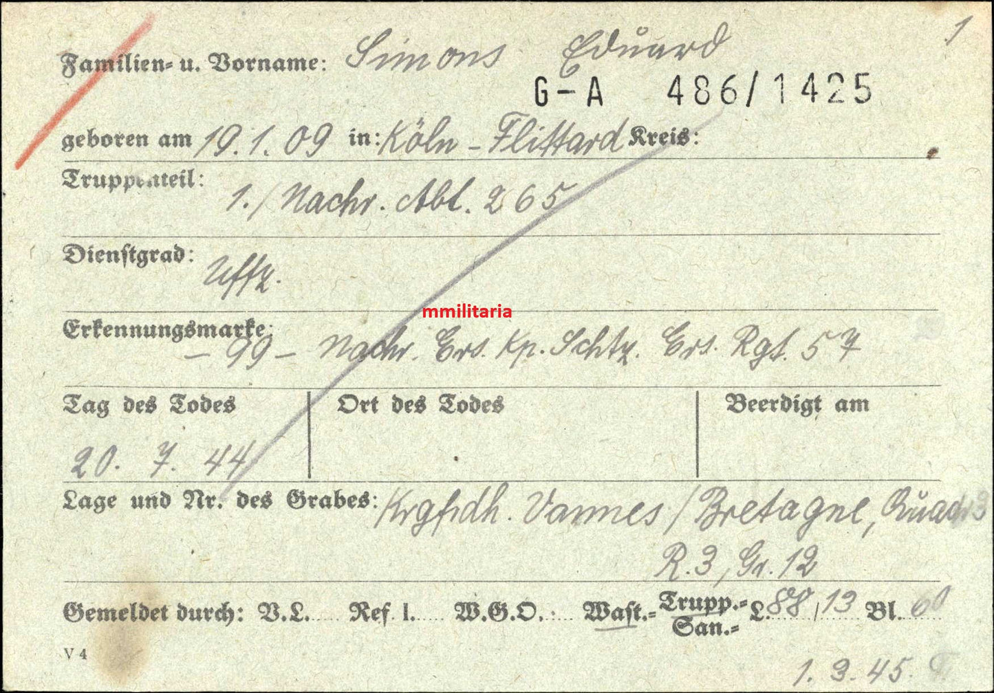 Sterbebild Unteroffizier Köln 1. Pz.-Nachrichten Abt. 265 Vannes Huisnes-sur-Mer Frankreich - www.mmilitaria.com