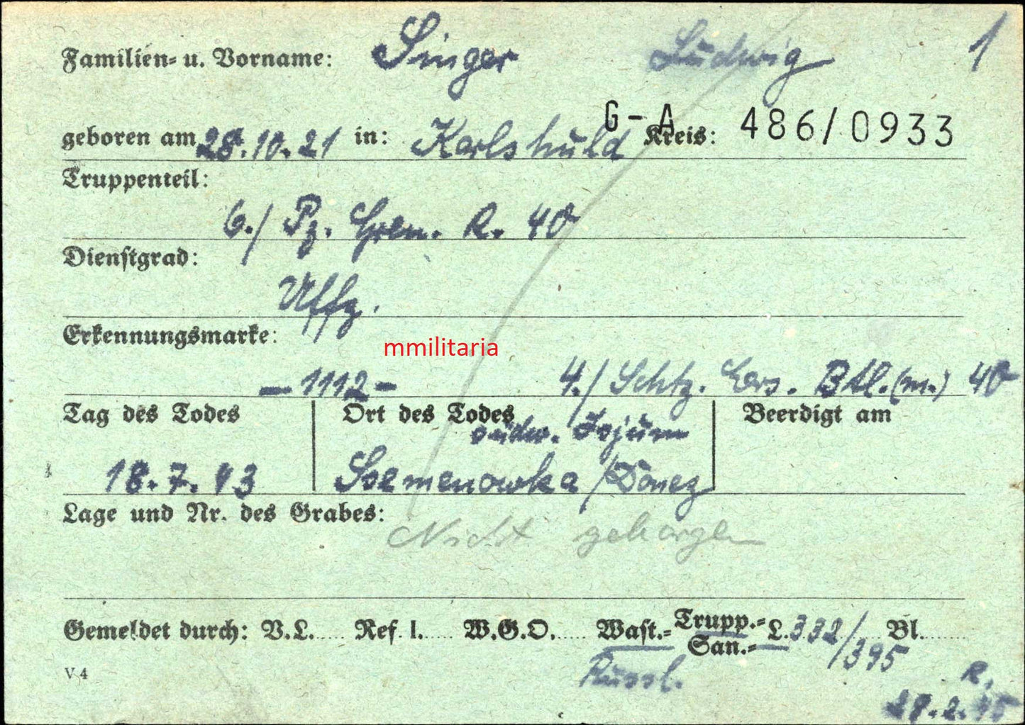 Sterbebild Unteroffizier Karlshuld 6. Panzer Gren. Regt. 40 EK II ISA Isyum Russland