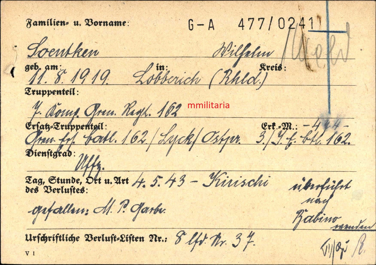 Sterbebild Unteroffizier Lobbenich 7. Komp. Gren. Regt. 162 Kirischi Russland