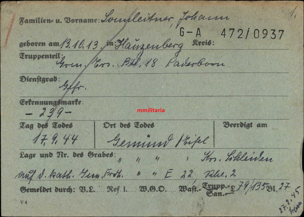 Sterbebild Gefreiter Hauzenberg Gren. Ers. Btl. 18 schwere Kämpfe Aachen Eifel Gemünd