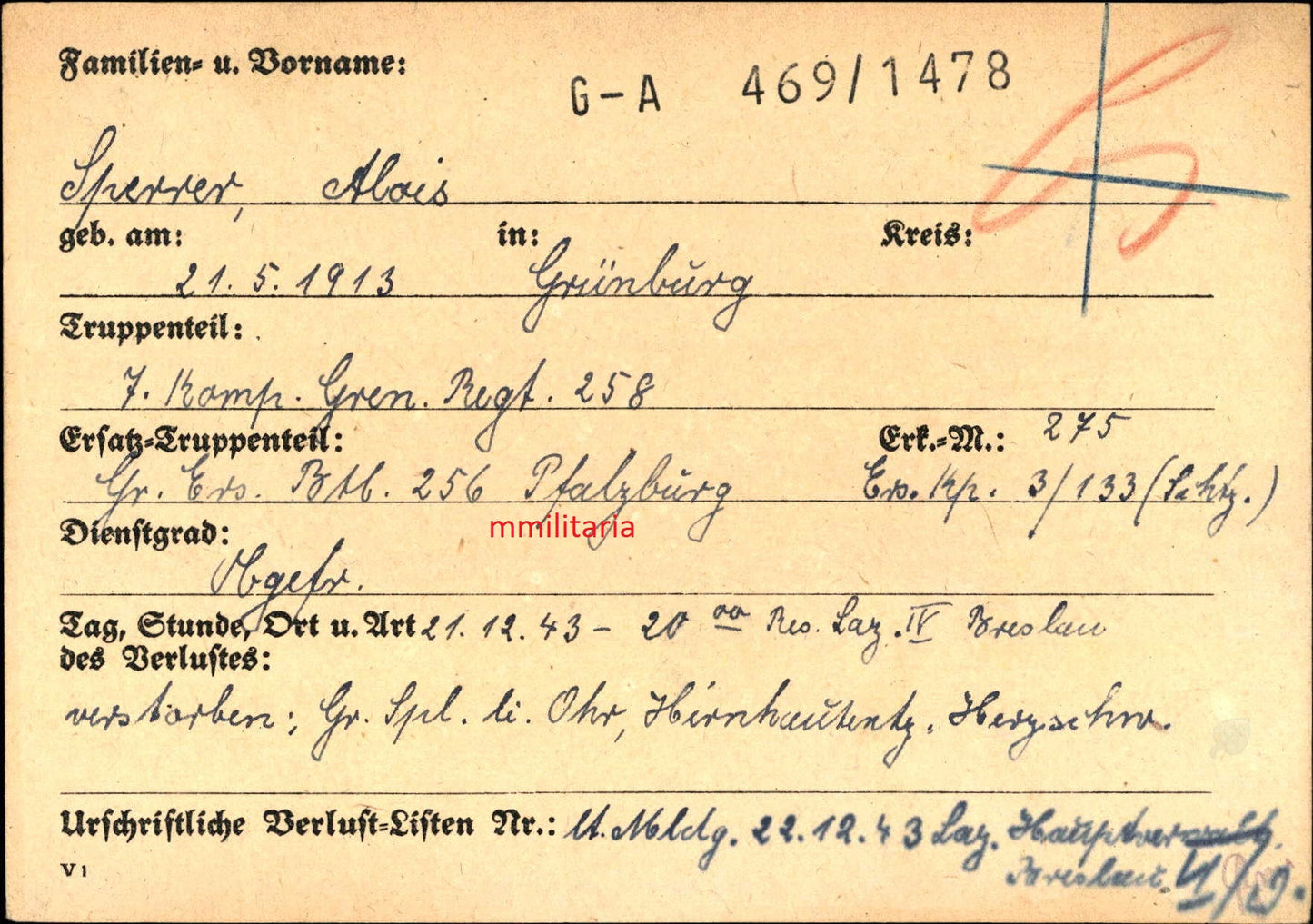 Sterbebild Obergefreiter Grünberg 7. Komp. Gren. Regt. 258 Lazarett Breslau Wroclaw Polen