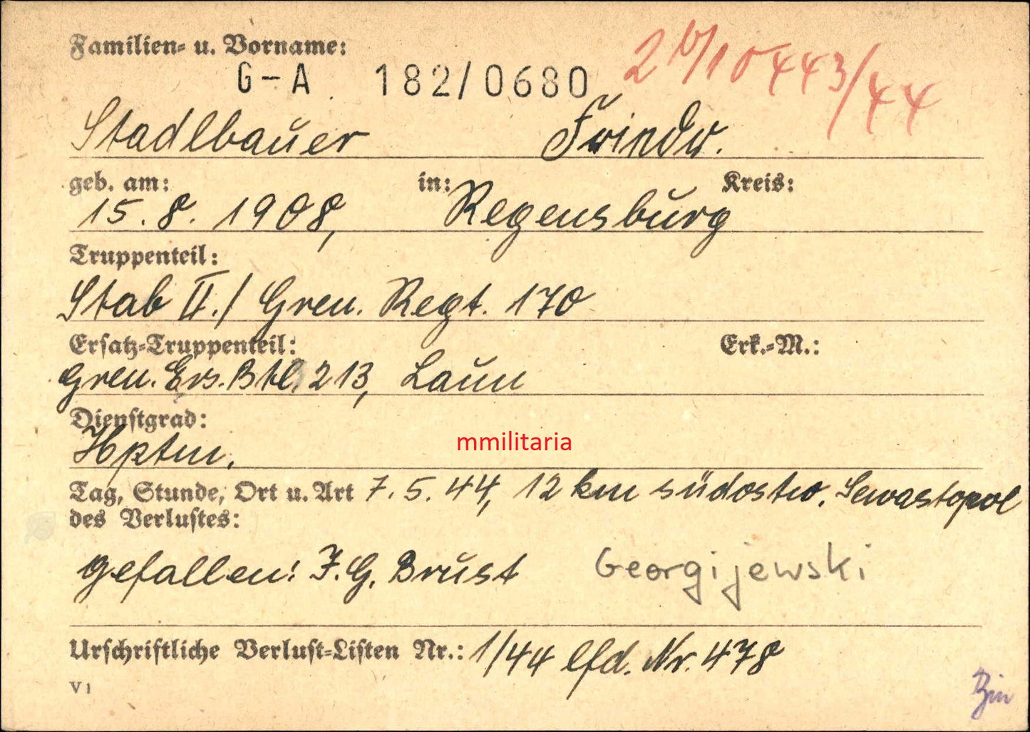 Sterbebild Hauptmann & Btl.-Führer Regensburg Stab II/Gren. Regt. 170 Krimschild Sewastopol Russland