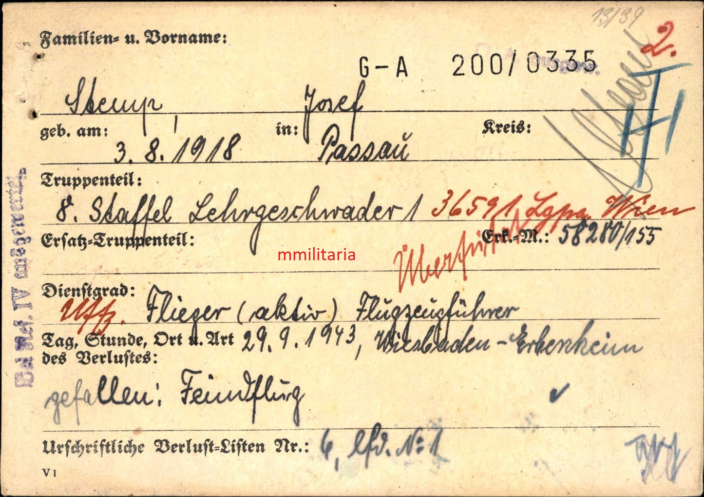 Sterbebild Unteroffizier Passau Pilot 8./LG-1 FFS silber Wiesbaden-Erbenheim