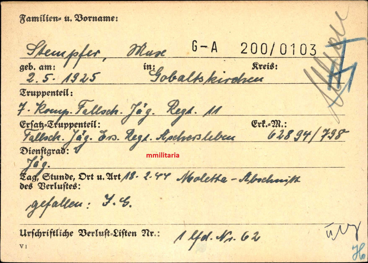Sterbebild Jäger Geboltskirchen 7. Komp. Fallschirmjäger Regt. 11 Landekopf Nettuno Italien