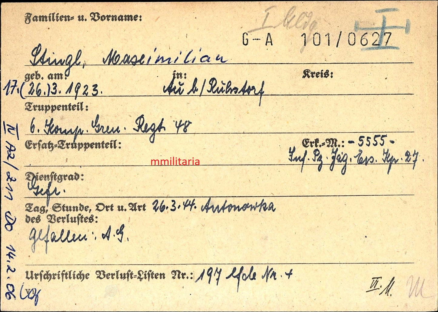 Sterbebild Gefreiter Ruhstorf Panzer Abwehr Abt. 6 Komp. Gren. Regt. 48 Antonowka Ukraine
