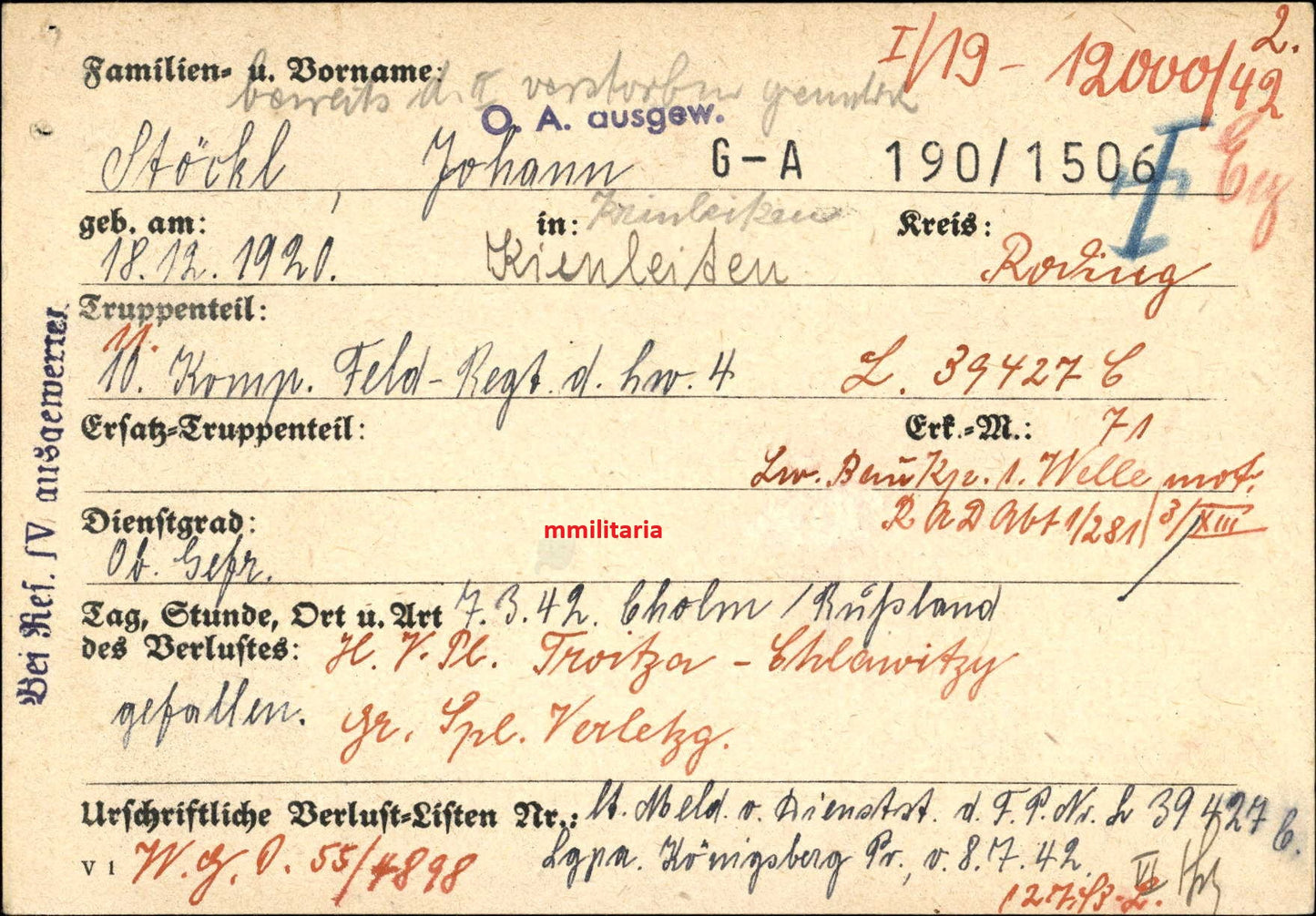 Sterbebild Obergefreiter Kienleiten 11. Komp. LW-Feld Regt. 4 Cholm Russland - www.mmilitaria.com