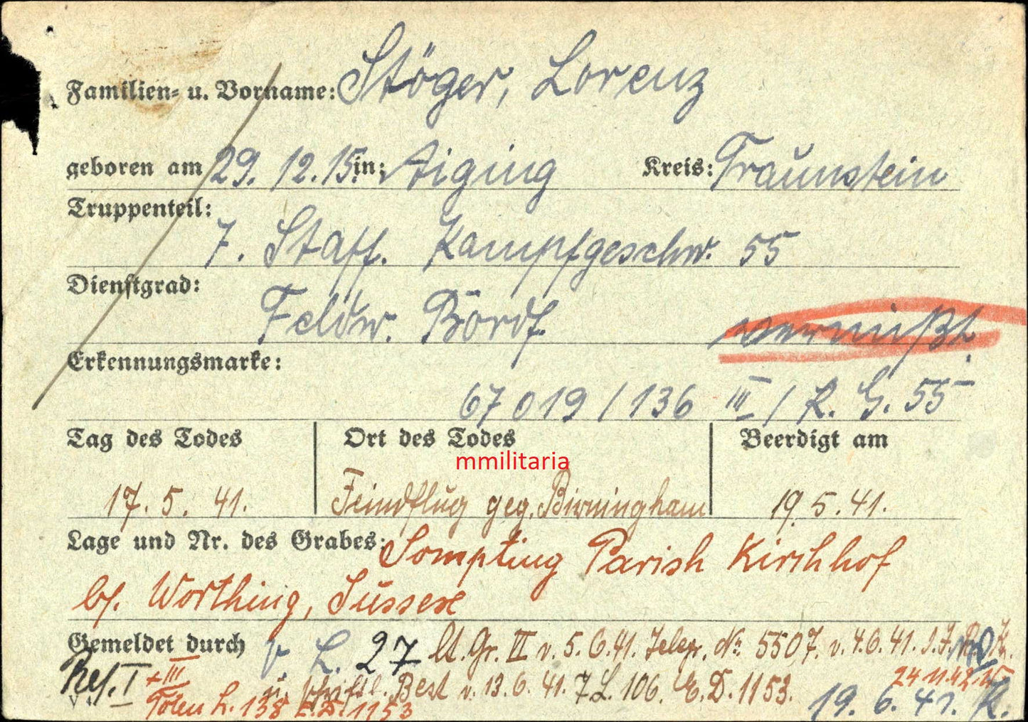 Sterbebild Feldwebel Aiging Bordfunker 7./KG-55 Feindflug Birmingham Worthing Sussex England