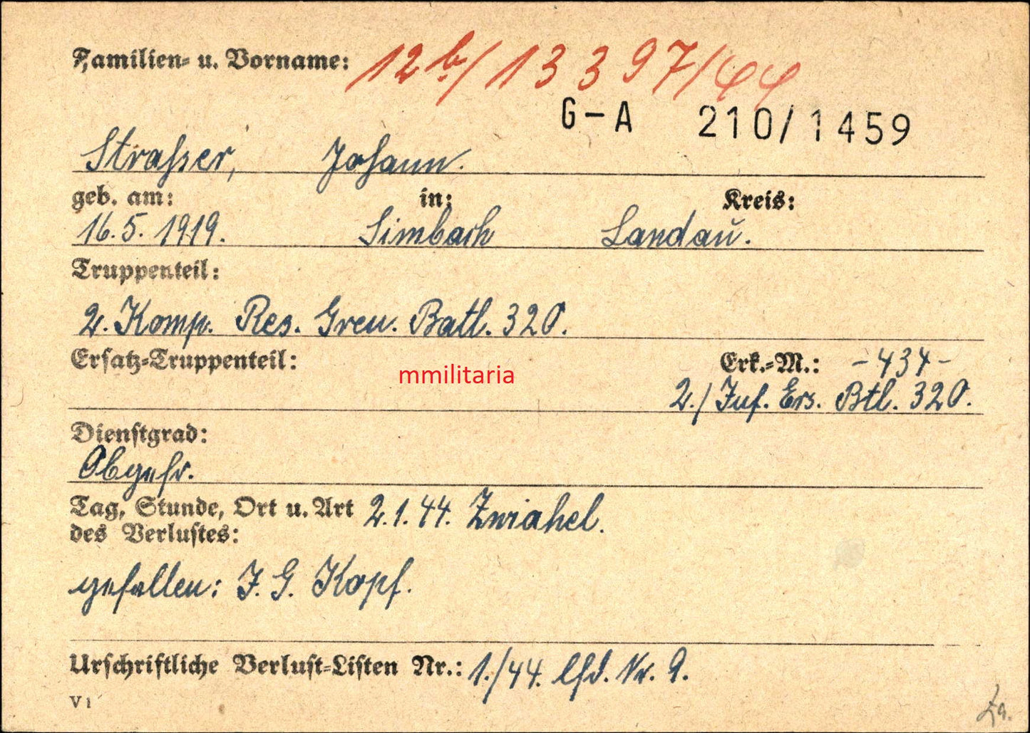Sterbebild Obergefreiter Simbach 2. Komp. Res. Gren. Btl. 320 Zwiahel Ukraine