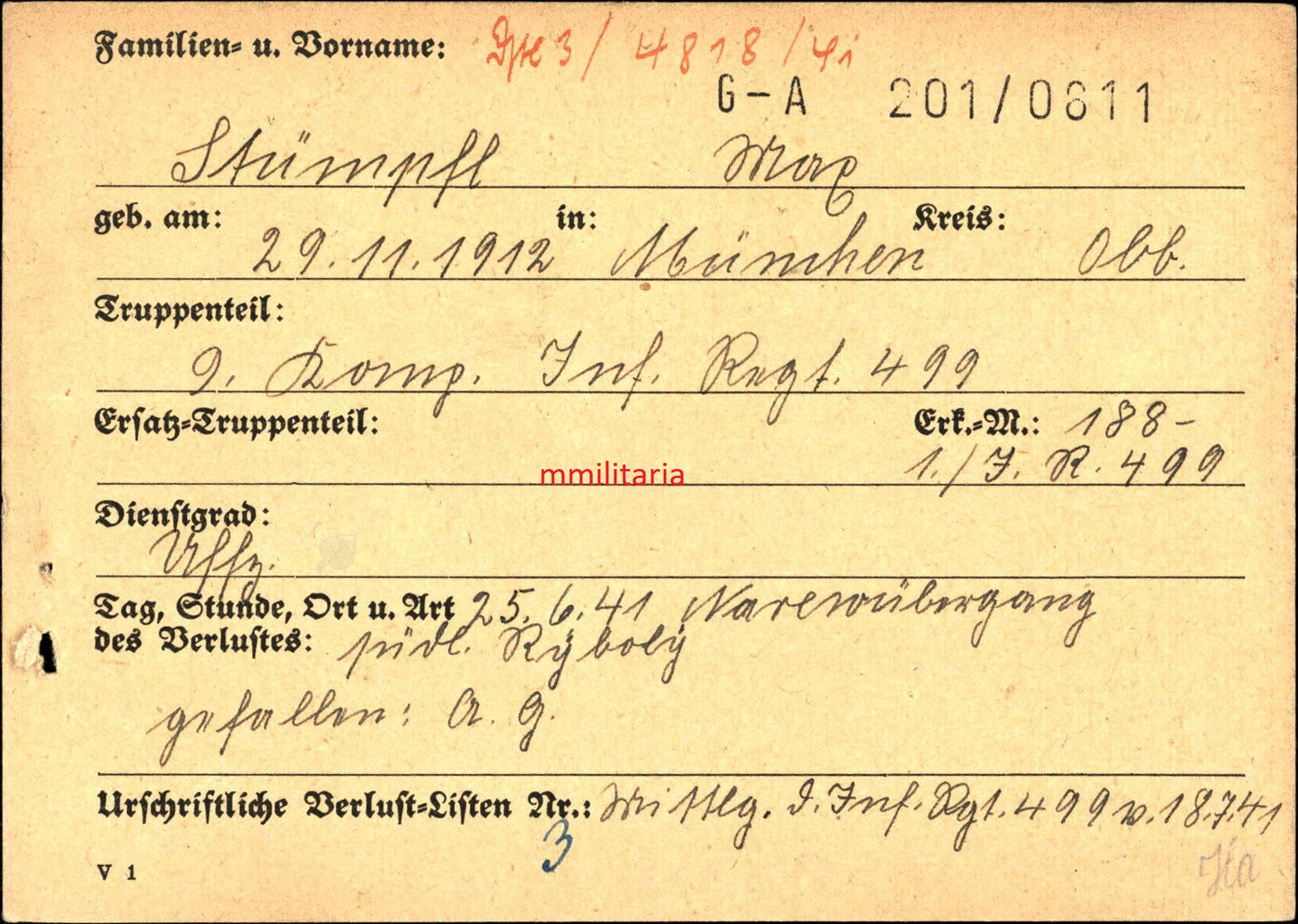 Sterbebild Unteroffizier München 9. Komp. Inf. Regt. 499 Narew-Übergang Polen