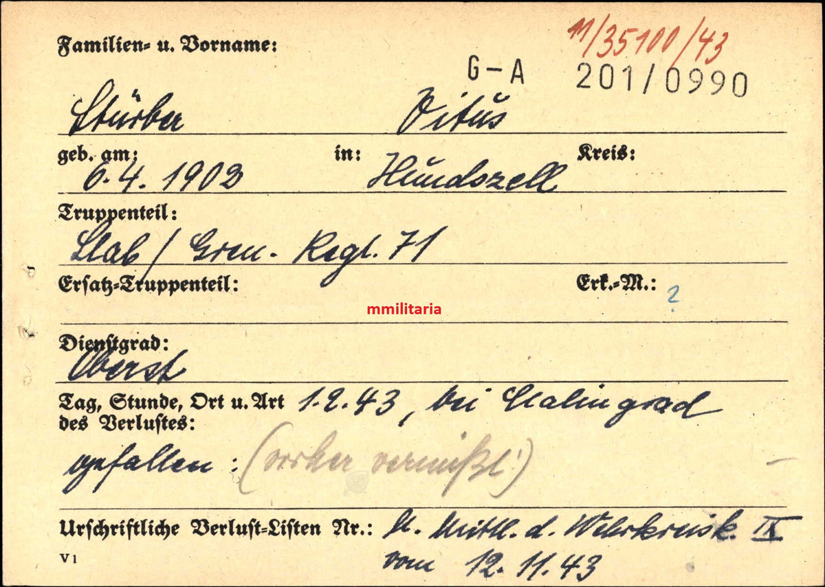 Sterbebild Oberst Hundszell Stab Gren. Regt. 71 Ritterkreuz DKiG Stalingrad Russland