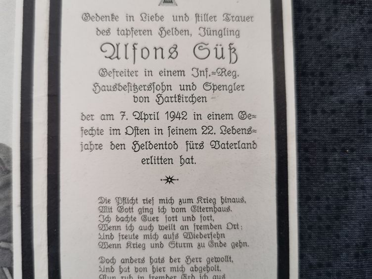 Sterbebild Gefreiter Hartkirchen 11. SS-Polizei Schützen Regt. 2 Mosstki Tschudowo Russland