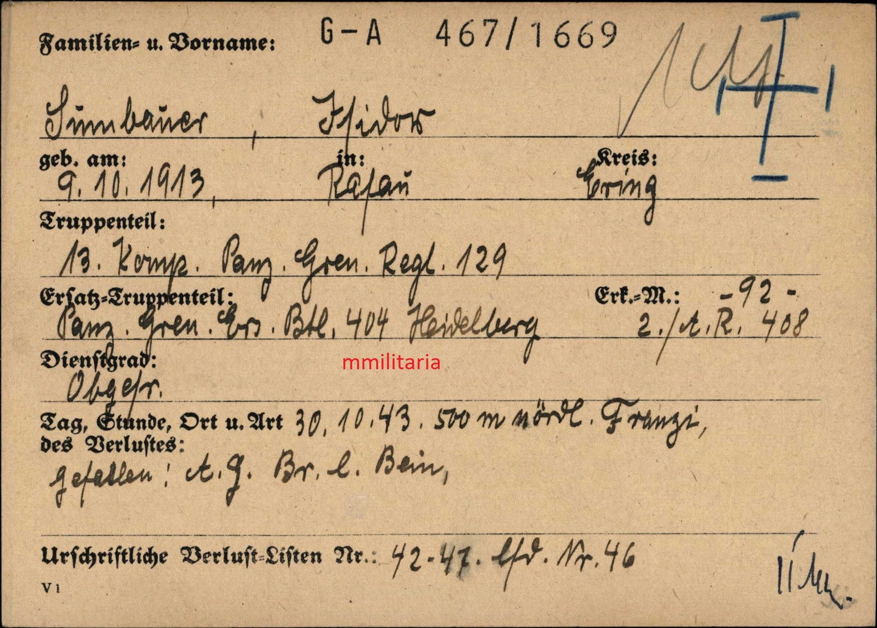 Sterbebild Obergefreiter 13. Komp. Panz. Gren. Regt. 129 Italienischer Tapferkeitsorden Cassino Italien - www.mmilitaria.com