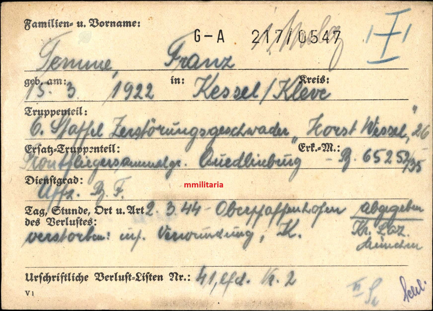 Sterbebild Unteroffizier Kleve 6. Staffel Zerstörergeschwader 26 "Horst Wessel" 6/ZG-26 Crossen an der Oder Deutschland