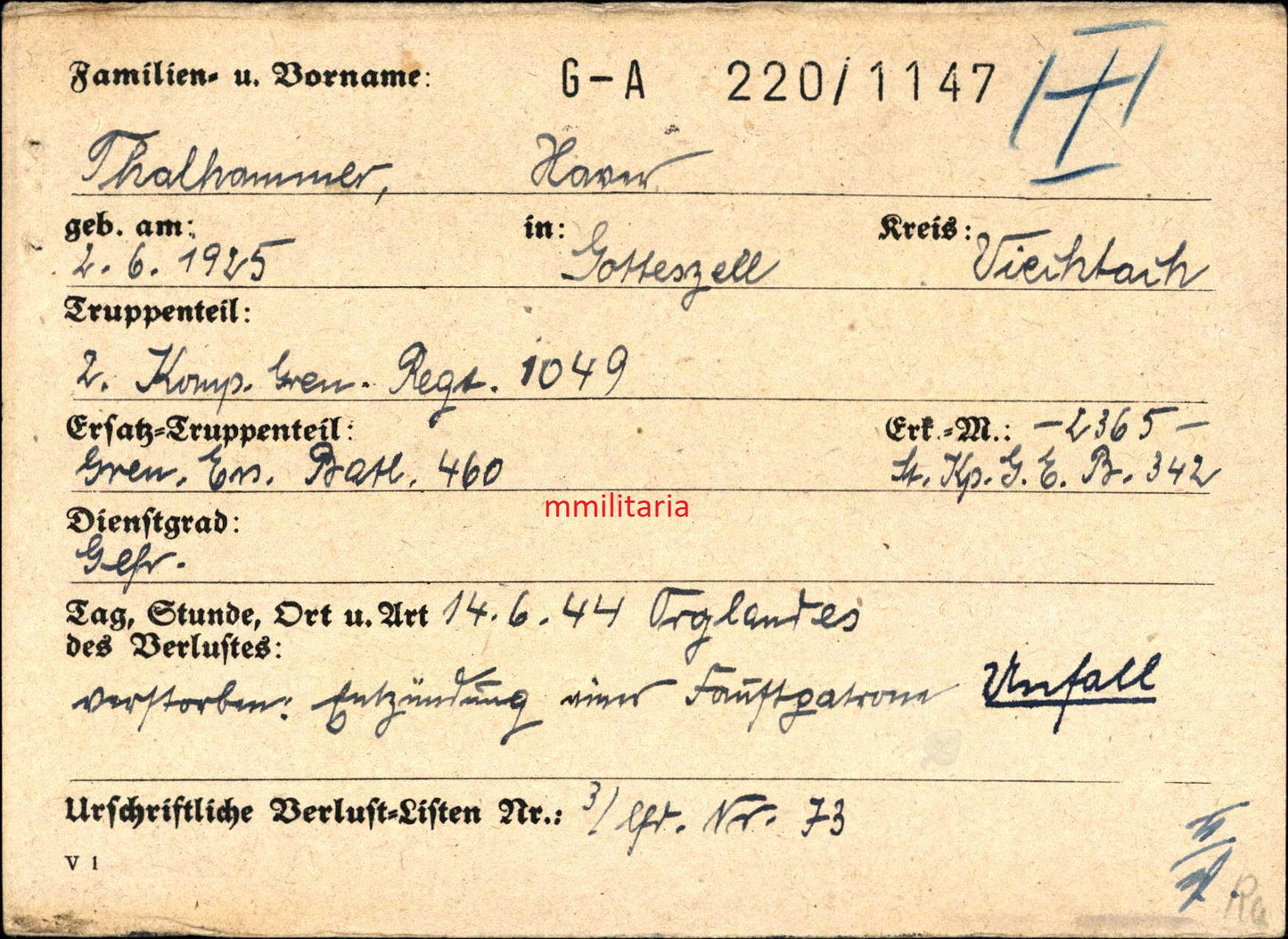 Sterbebild Gefreiter Gotteszell Grenadier Regt. Normandie Cherbourg Orglandes Frankreich
