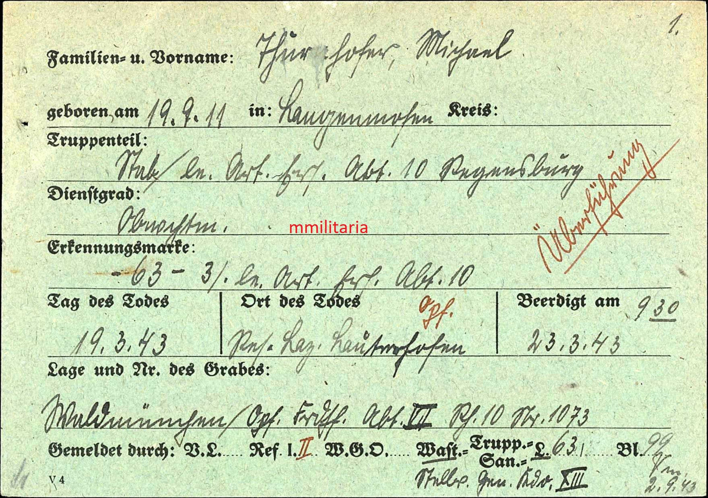 Sterbebild Oberwachtmeister Langenmoosen Artillerie-Ersatz Abt. Regensburg Lazarett Lauterhofen