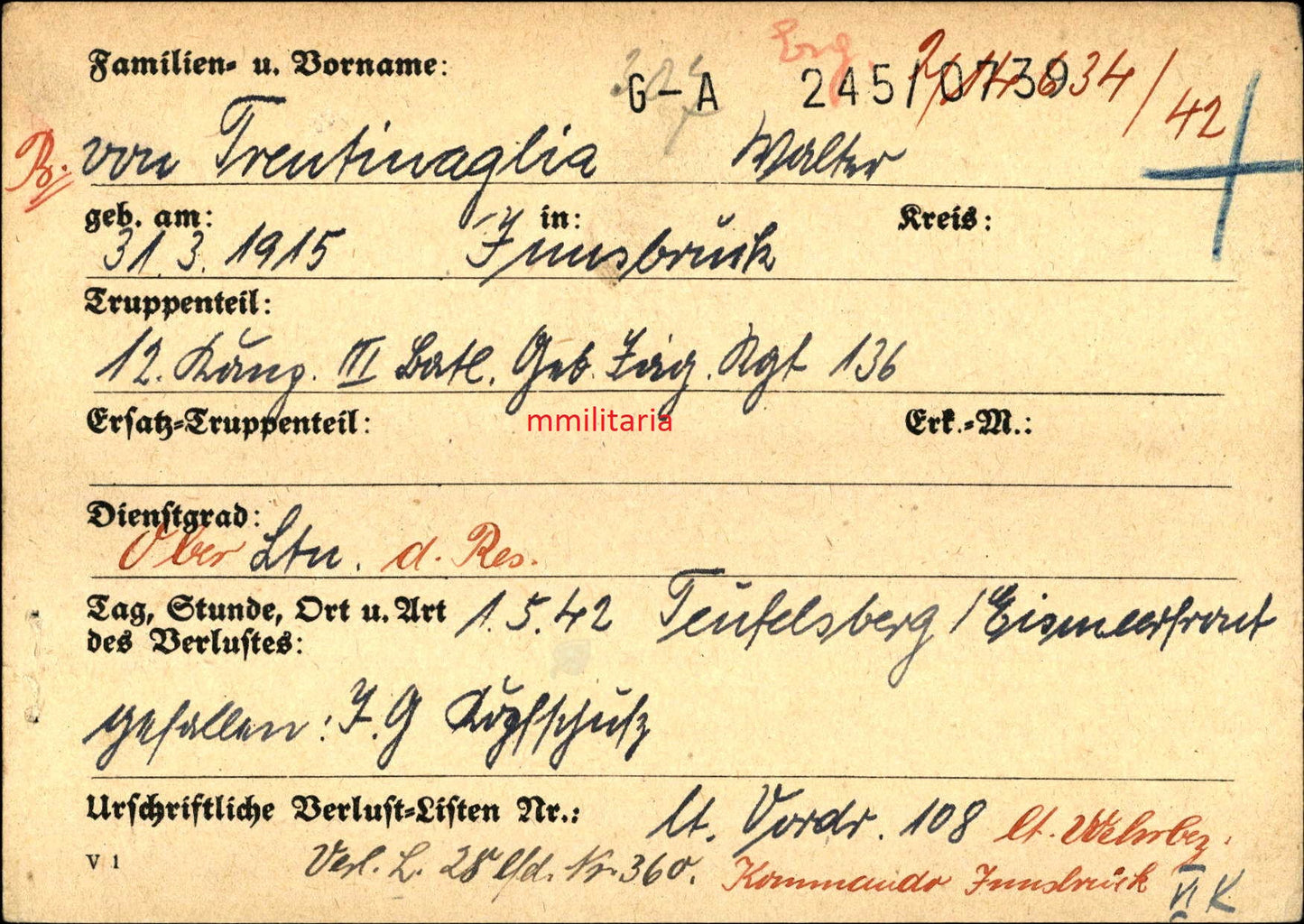 Sterbebild Leutnant Innsbruck 12. Komp. Geb.-Jäger Regt. 136 Eismeerfront Teufelsberg Finnland Russland