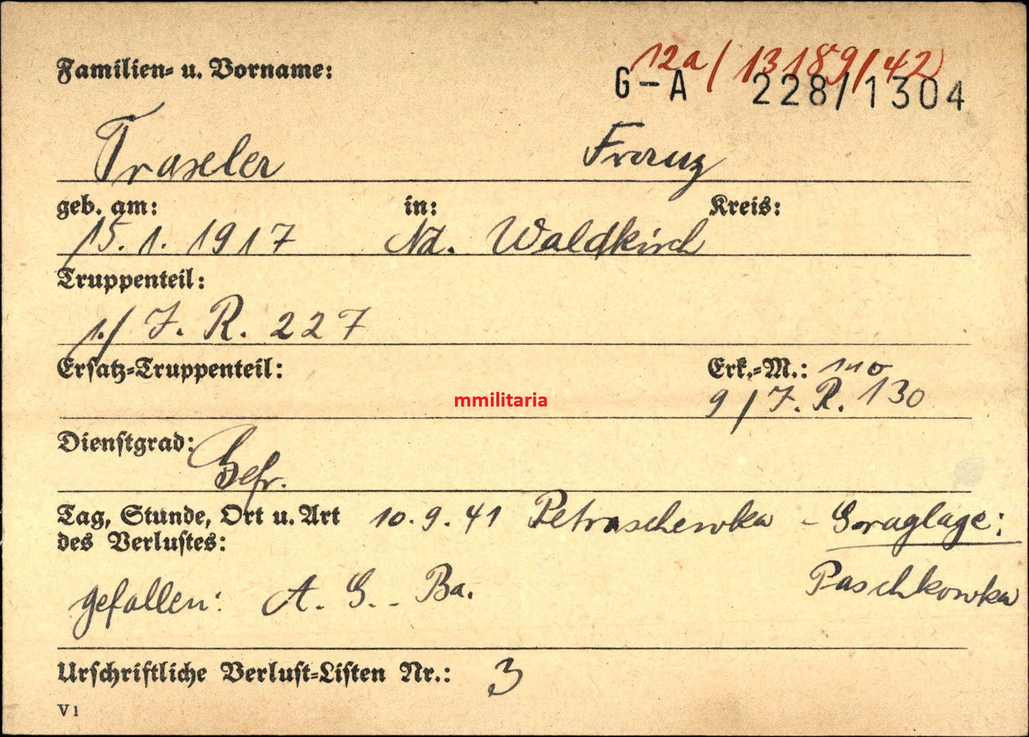 Sterbebild Obergefreiter Waldkirch 1. Inf. Regt. 227 Bunkererstürmung Paschkowka Russland