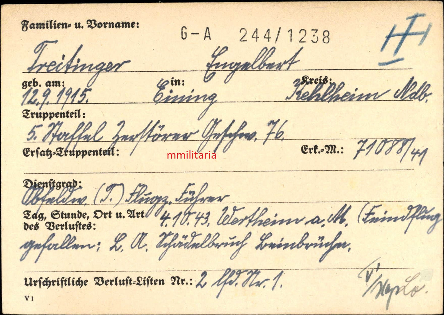 Sterbebild Oberfeldwebel Kehlheim Pilot 5./ZG-76 FFS Gold Luftkampf Wertheim Koblenz