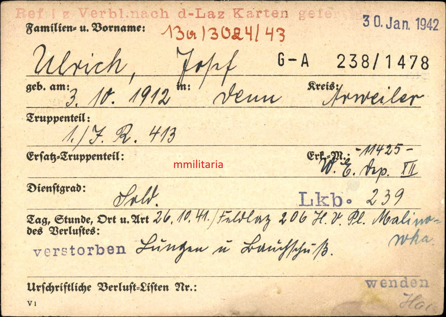 Sterbebild Schütze Ahrweiler 8. Inf. Regt. 413 Malinowka Russland