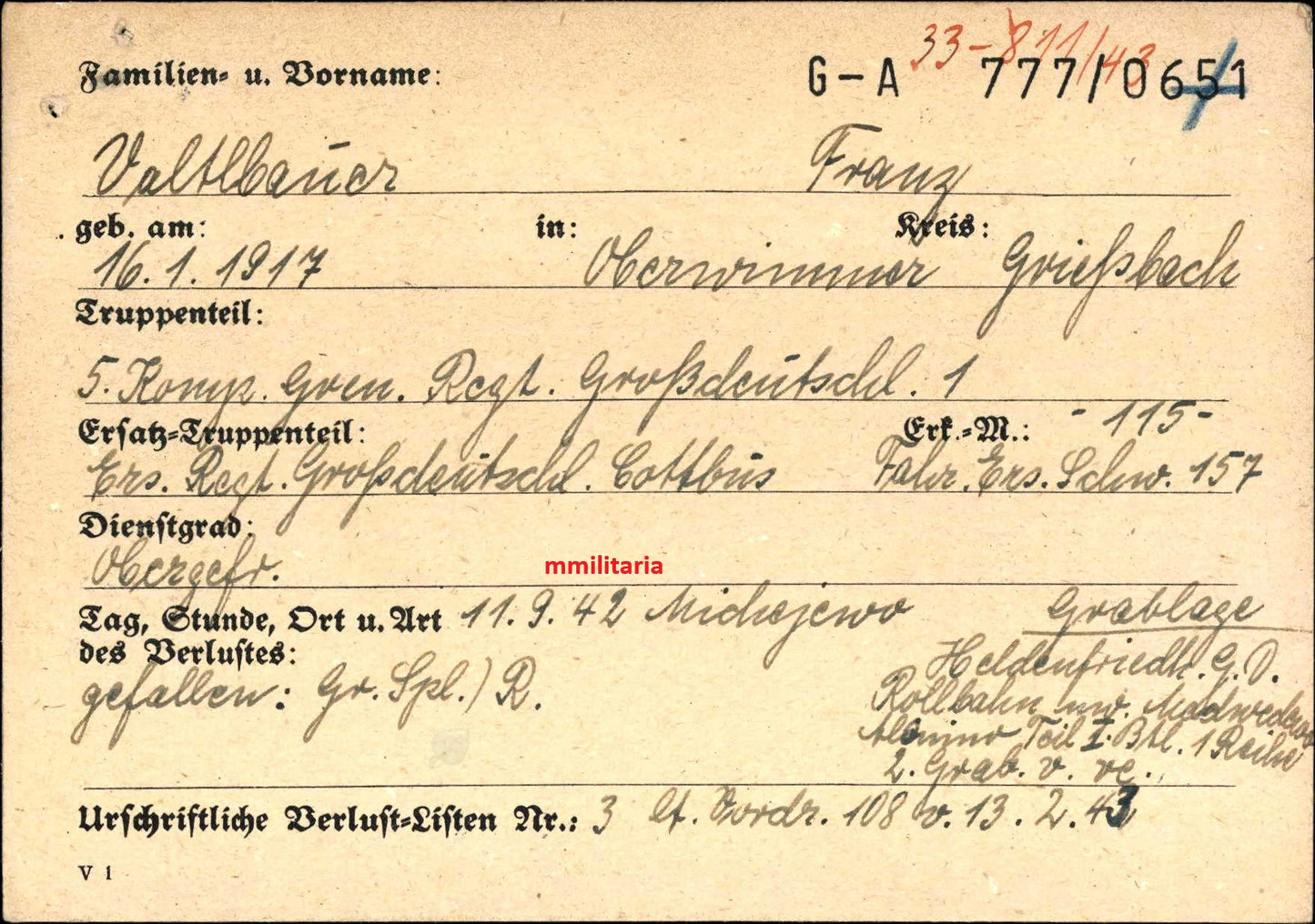 Sterbebild Obergefreiter Oberwimmer 5. Komp. Gren. Regt. "Großdeutschland" GD Michejewo Russland - www.mmilitaria.com