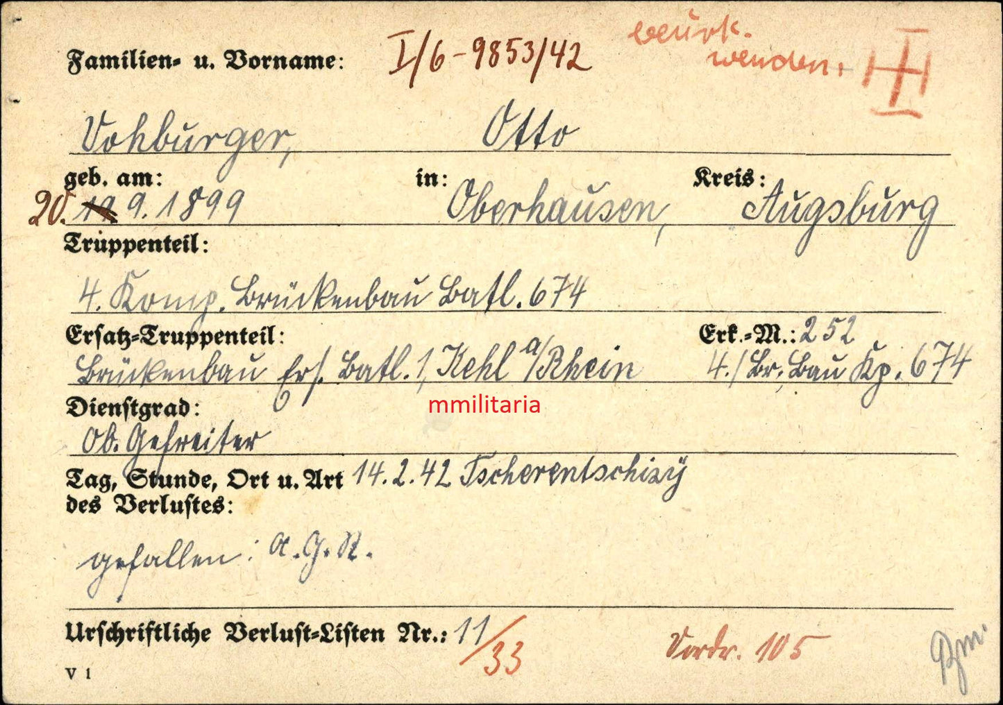 Sterbebild Obergefreiter Oberhausen 4. Komp. Brückenbau Btl. 674 Tscherentschizy Russland