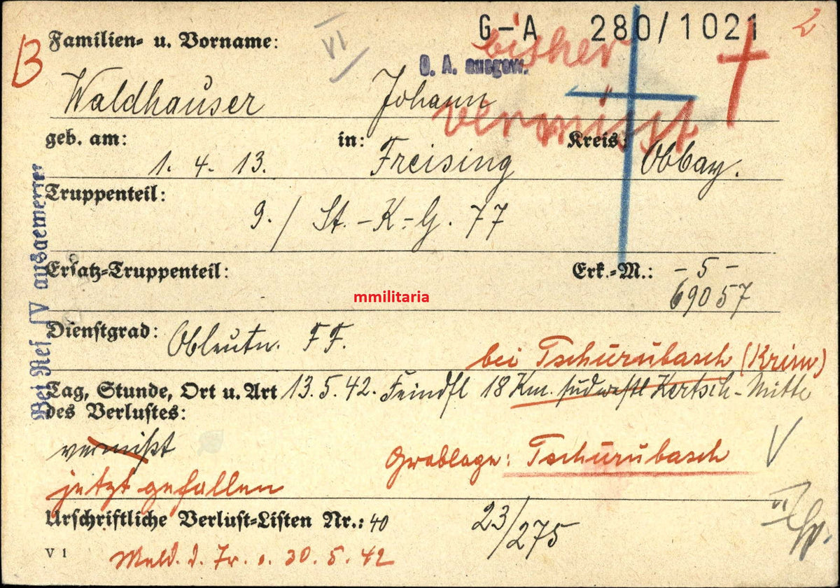 Sterbebild Oberleutnant Freising Pilot 9./KG-77 Ritterkreuzträger FFS Gold 300 Feindflüge Kertsch Ukraine