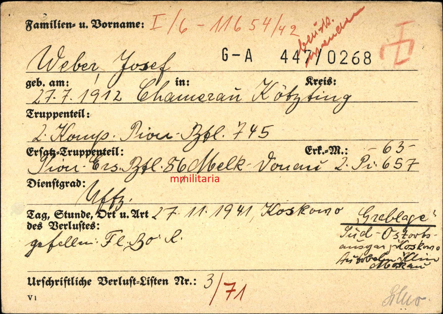 Sterbebild Unteroffizier Kötzing 2. Komp. Pio. Btl. 745 Koskowo Russland