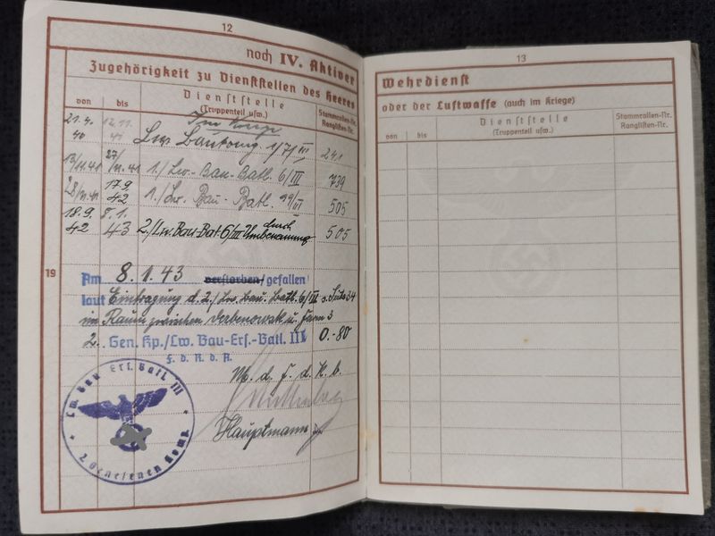 Kleines Konvolut Wehrpass + Trauerbrief Gefreiter 2. Komp. Lw. Bau Btl. 6/III Donbogen Russland