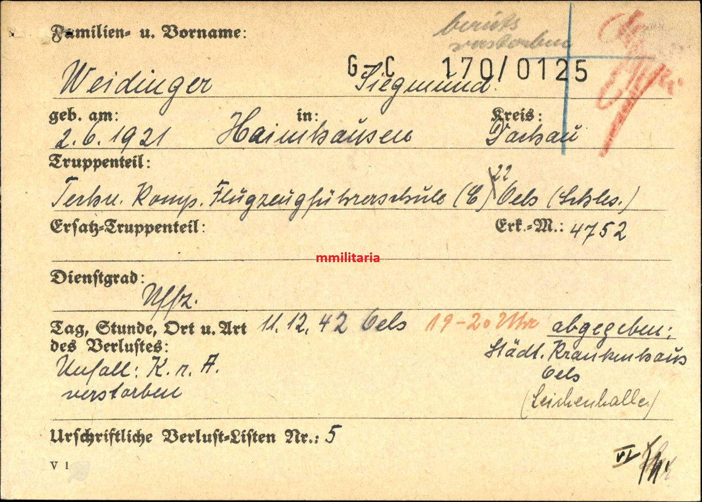 Sterbebild Unteroffizier Haimhausen Flugzeugführerschule Oels Oleśnica Schlesien Polen