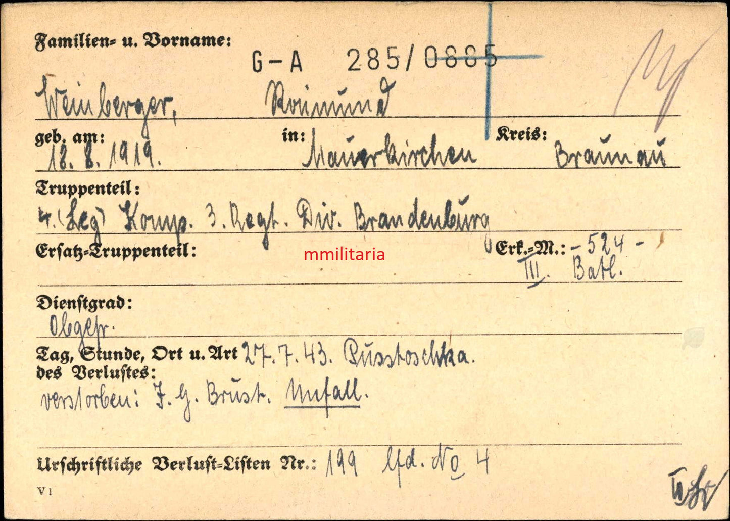 Sterbebild Obergefreiter Mauerkirchen 4. Komp 3. Regt. Division "Brandenburg" SS-Unterscharführer HJ Ehrenabzeichen Pustoschka Russland