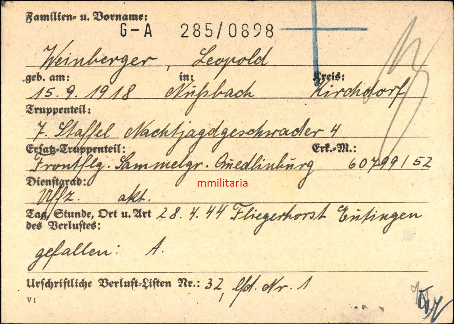 Sterbebild Brüder Nußbach Unteroffizier 7./NJG-4 Eutingen BF-110G Obergefreiter Artillerie Mostar Bosnien Regt.