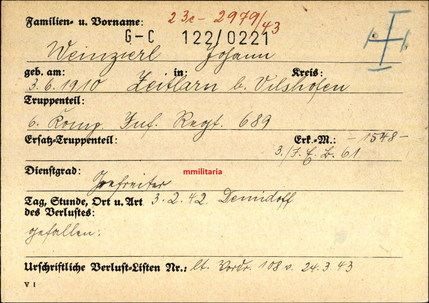 Sterbebild Gefreiter Zeitlarn 6. Komp. Inf. Regt. 689 Demidoff Russland - www.mmilitaria.com