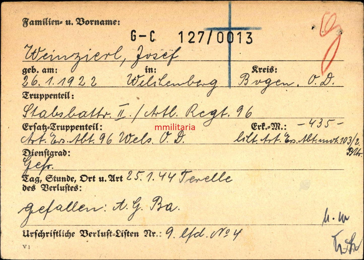 Sterbebild Gefreiter Welchenberg Stabsbatterie Art. Regt. 96 Terelle Cassino Italien