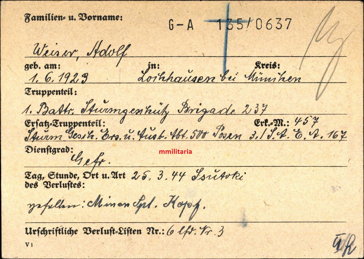 Sterbebild Unteroffizier Lochhausen 1. Batterie Sturmgeschütz-Brigade 237 Mogilew Russland