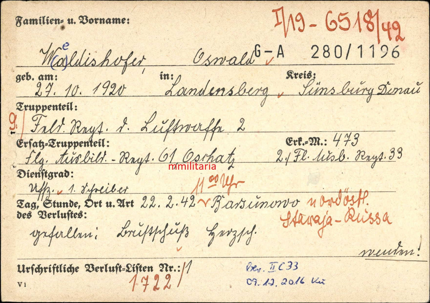 Sterbebild Unteroffizier Landensberg 9. Feld-Regt. der Luftwaffe Barsunowo Russland