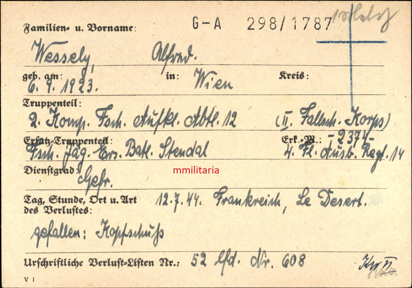 Sterbebild Gefreiter Wien 2. Komp. Fallschirm-Aufkl. Abt. 12 Le Desert St. Lo Normandie Frankreich