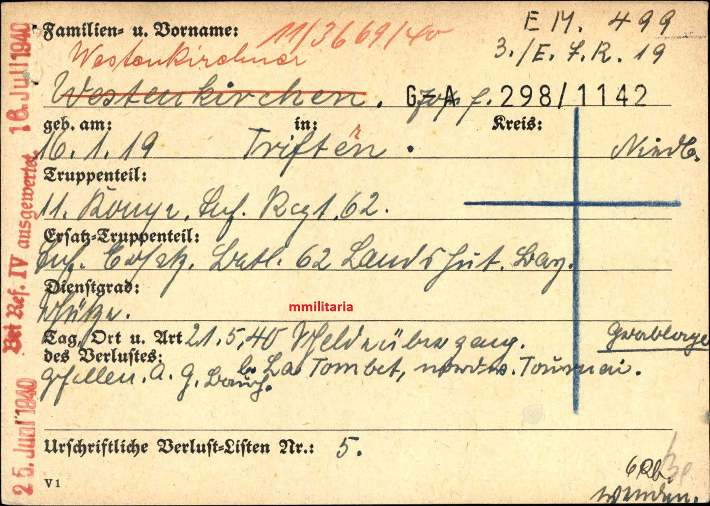 Sterbebild Schütze Triftern 11. Komp. Inf. Regt. 62 Scheldeübergang Tournai Belgien