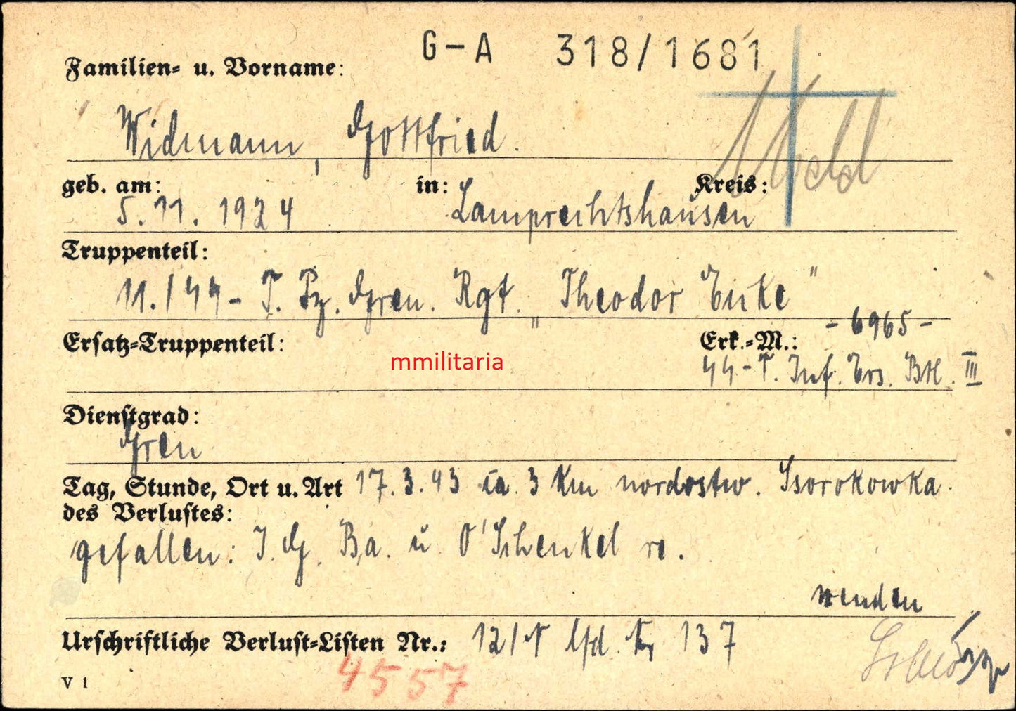 Sterbebild SS-Panzergrenadier Lamprechtshausen 11. SS-Pz.-Gren. Regt. "Theodor Eike" Ssorokowka Russland