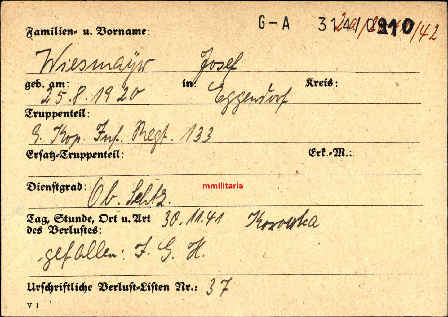 Sterbebild Schütze Eggendorf 9. Komp. Inf. Regt. 133 Edelweiss Kragenspiegel Korowka Russland