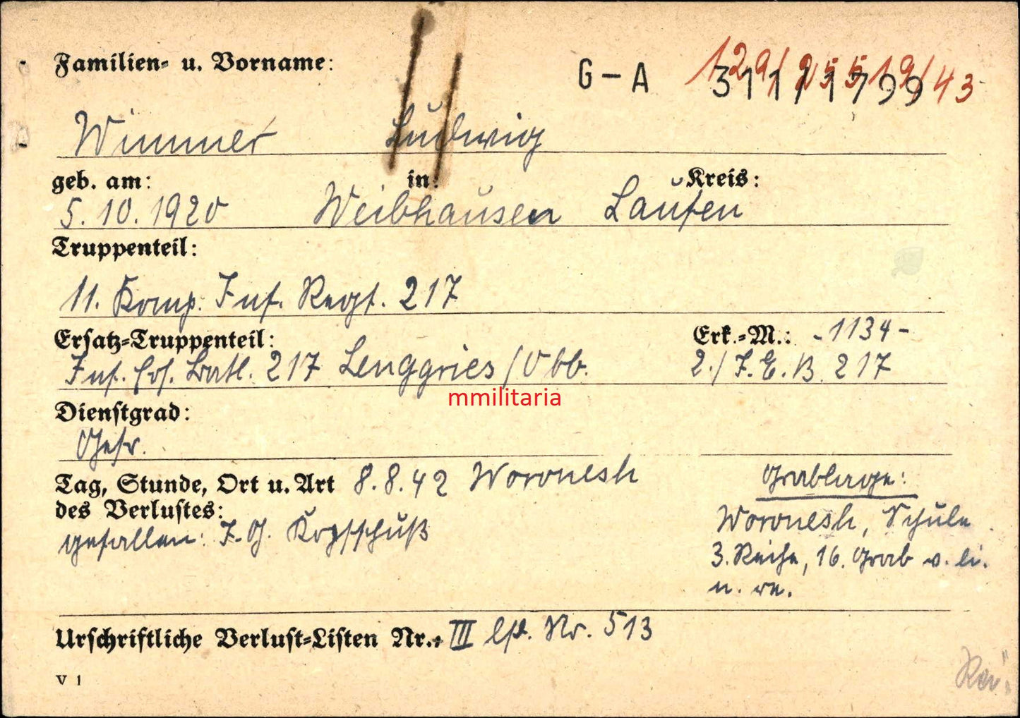Sterbebild Gefreiter Weibhausen 11. Komp. Inf. Regt. 217 MG-Abteilung Woronesh Russland
