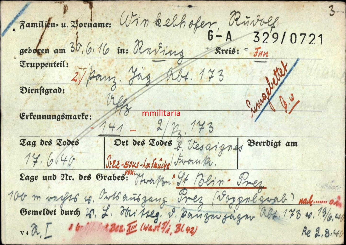 Sterbebild Unteroffizier 2. Panzer-Jäger Abt. 173 Zugspitze Vesaignes-sur-Marne Frankreich