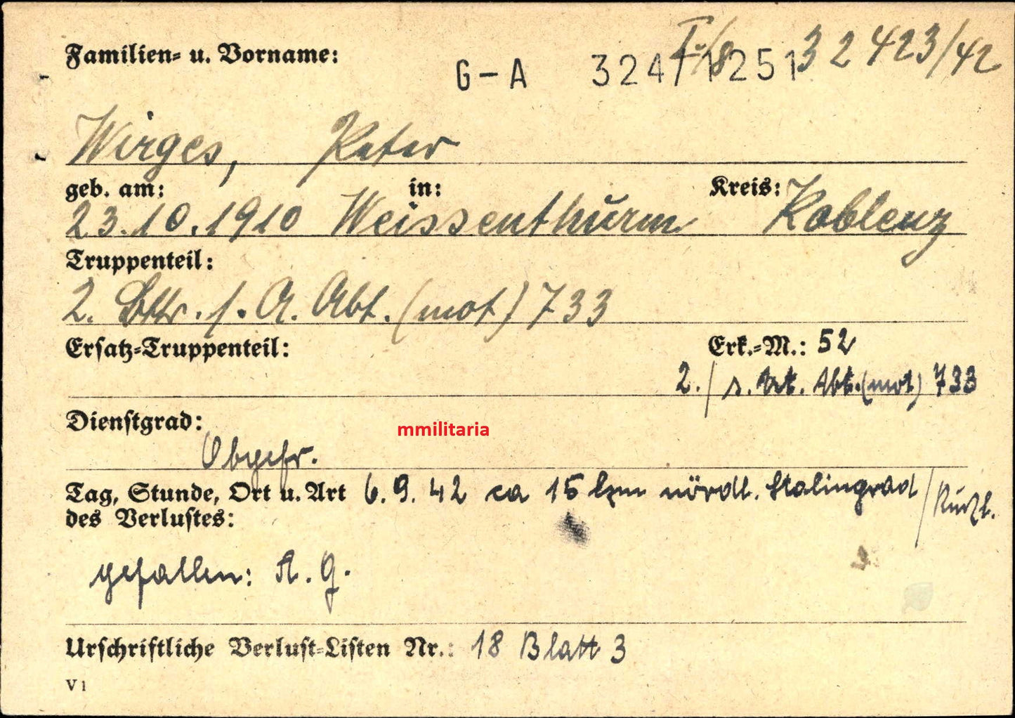 Sterbebild Obergefreiter Weissenthurm 2. Batterie Abt. (Mot) 733 Stalingrad Russland