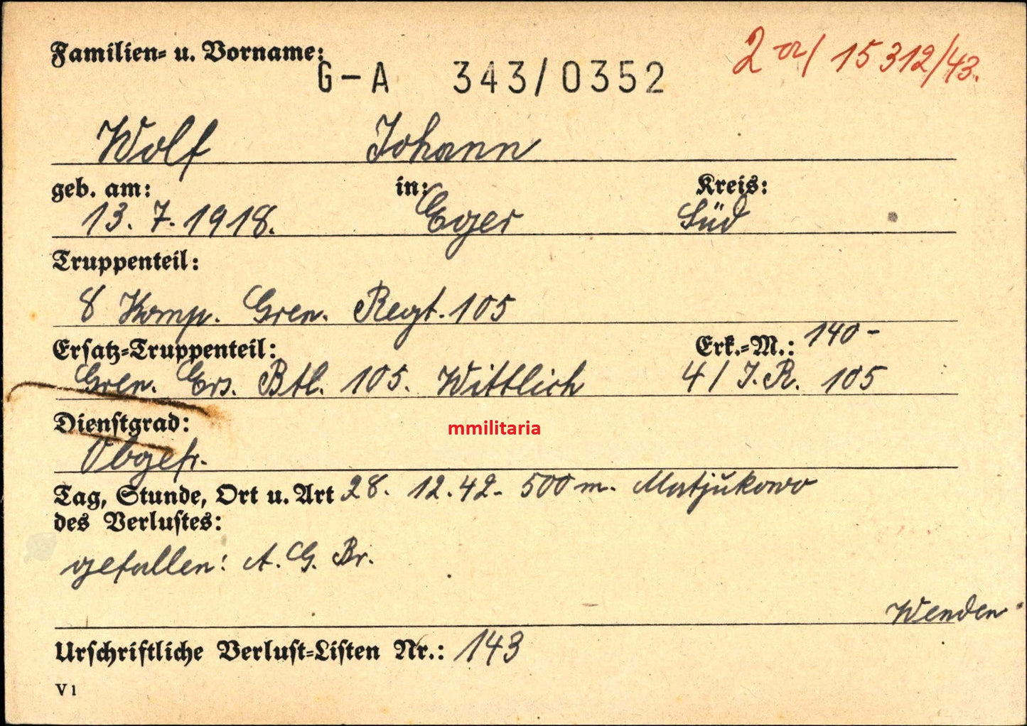 Sterbebild Obergefreiter Eger 8. Komp. Gren. Regt. 105 Matjukowo Rshew Russland